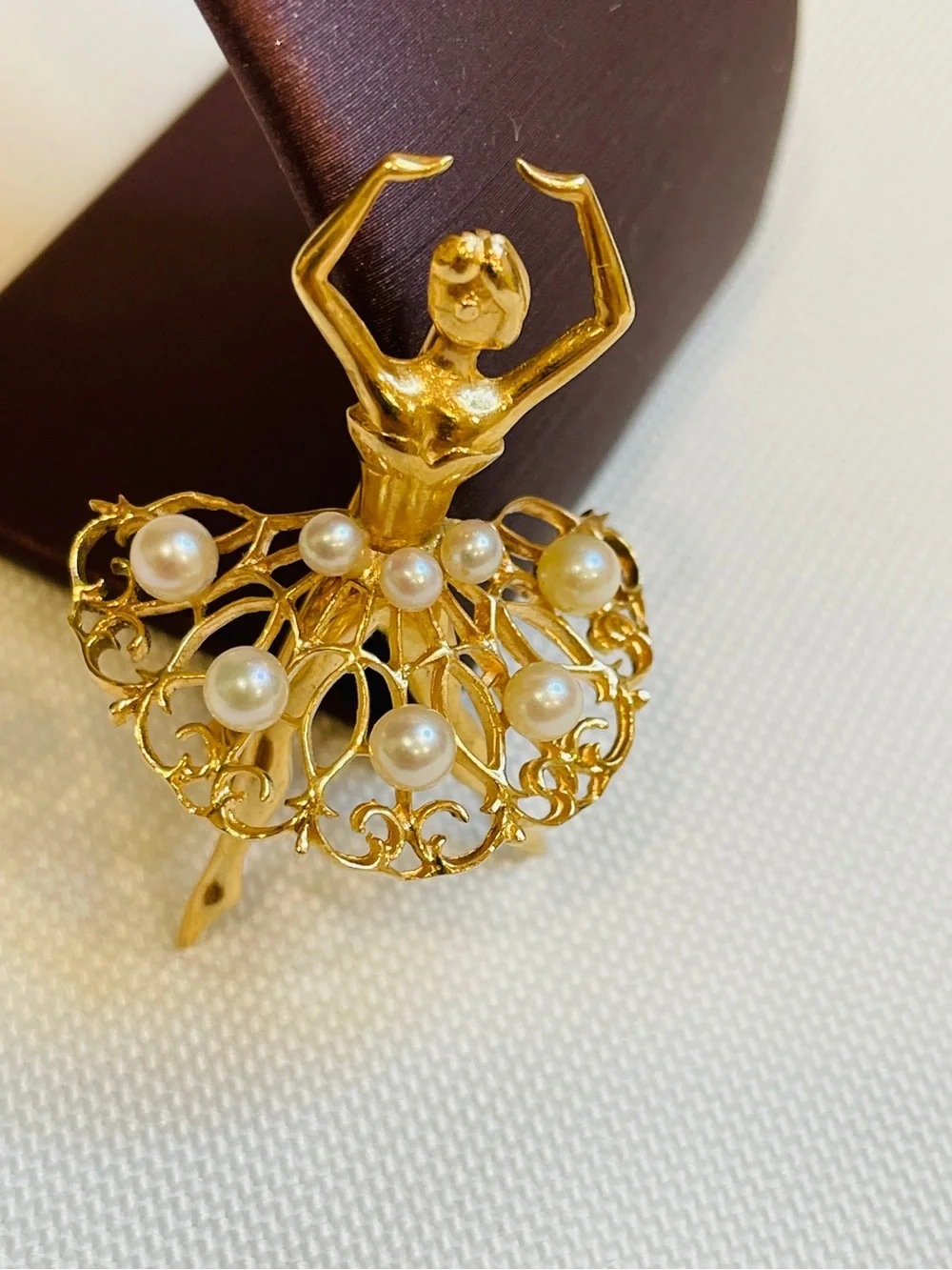 Vintage 14 Karat Yellow Gold and Cultured Pearl Ballerina Brooch Pin